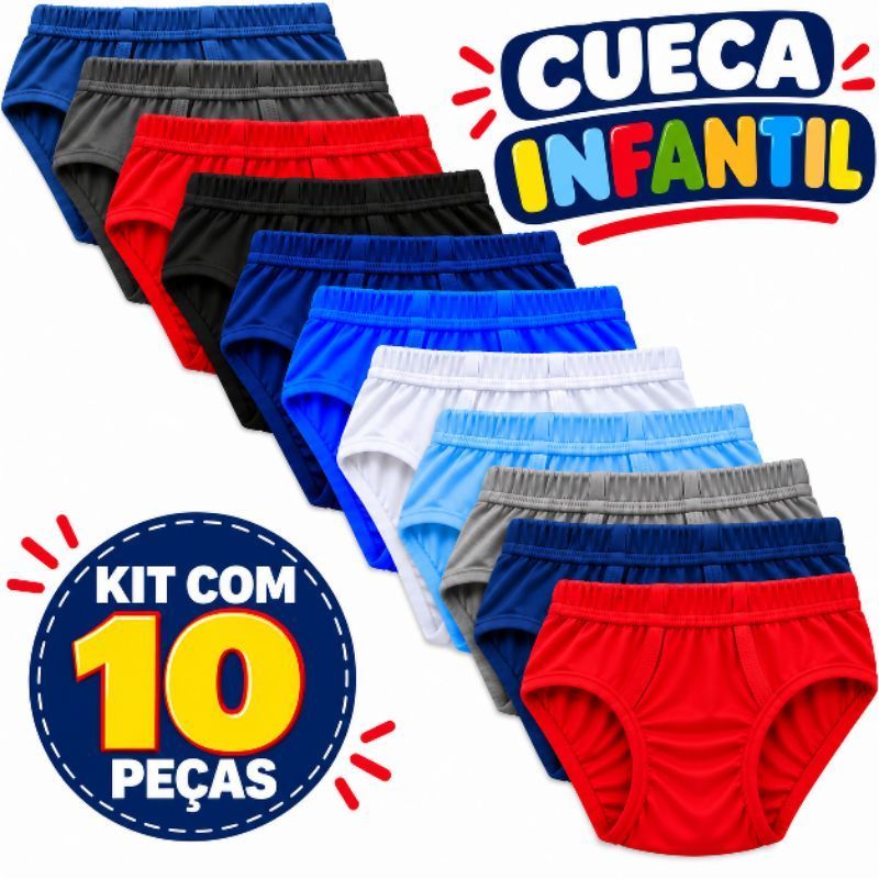 Kit 10 Cuecas Infantis 100%Algodao Modelo Básico Cores Sortidas