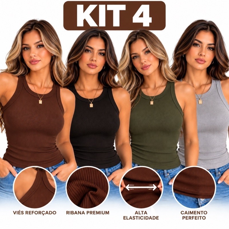 Kit 4 Blusa Regata Canelada Feminina Estilosa Regatinha Básica Ribana Algodão Premium Casual Dia a Dia