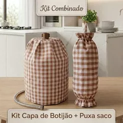 Kit Capa Para Botijão 13kg + Puxa Saco Tecido Oxford Xadrez Bege Tinto | Cozinha Decorada e Organizada