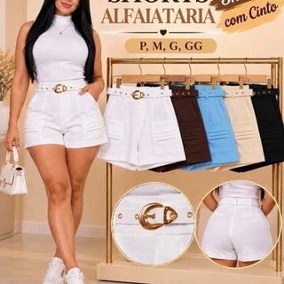 Shorts Feminino Alfaiataria Com Cinto Cintura Alta Elegante Moda Verão Bolso Frontal