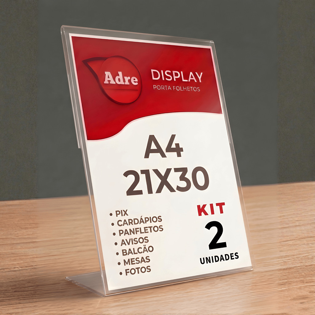 2 Display Expositor A4 21X30 em L (ps) 2mm Acrílico Mesa Balcão Empresa Folha Sulfite