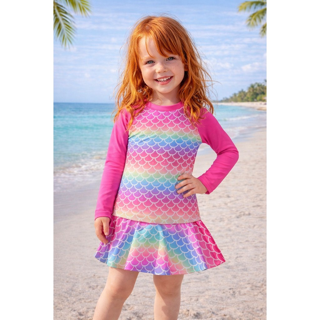 Roupa De Banho Infantil Menina Blusa Uv50+ Conjunto Blusa Manga Longa e Biquini Shortinho Saia Praia