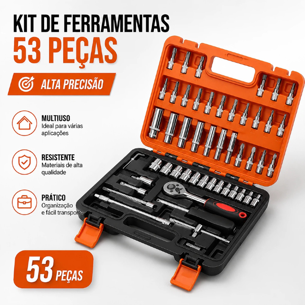 Kit 53 Peças Jogo de Ferramentas com Caixa - Chaves Soquete, Catraca, Bits e Acessórios em Aço Profissional