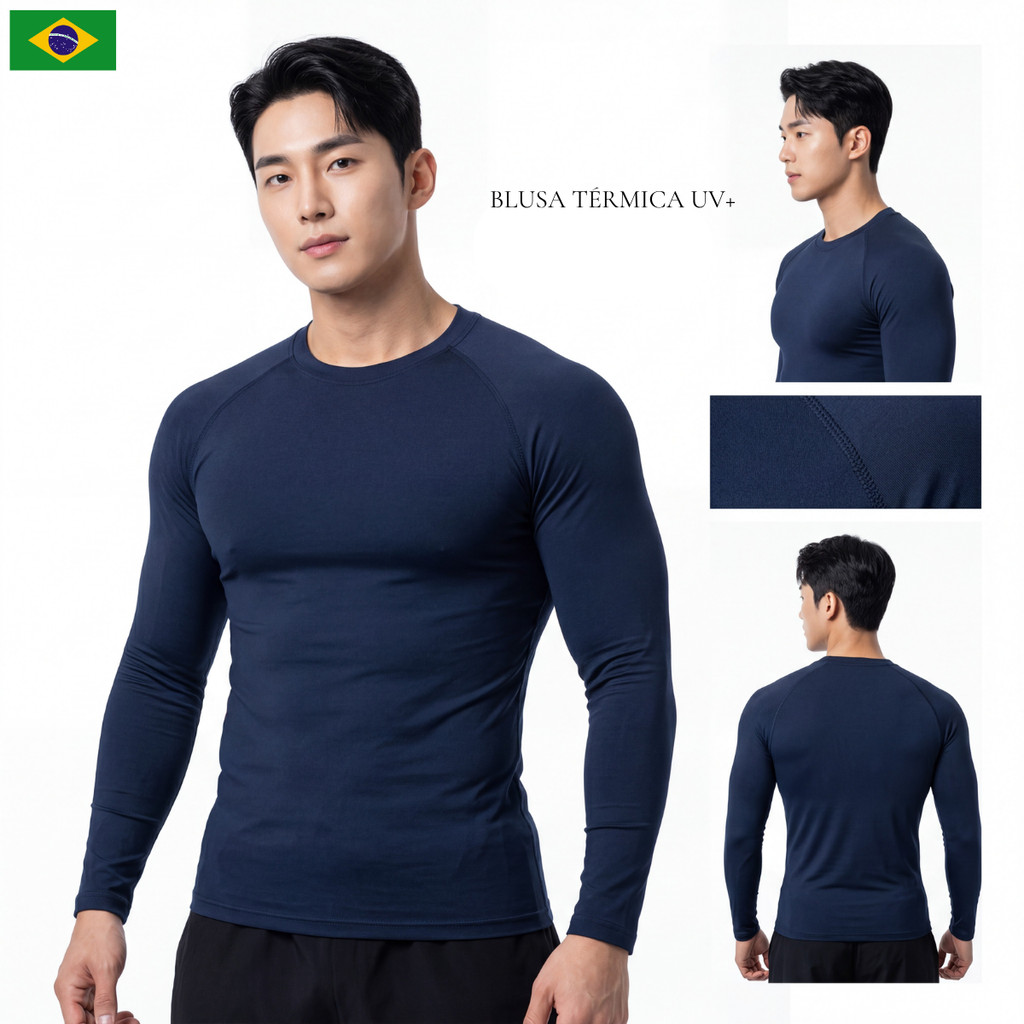 Camisa Termica Masculina Manga Longa Proteção UV Segunda Pele Frio Treino Academia Corrida Ciclismo