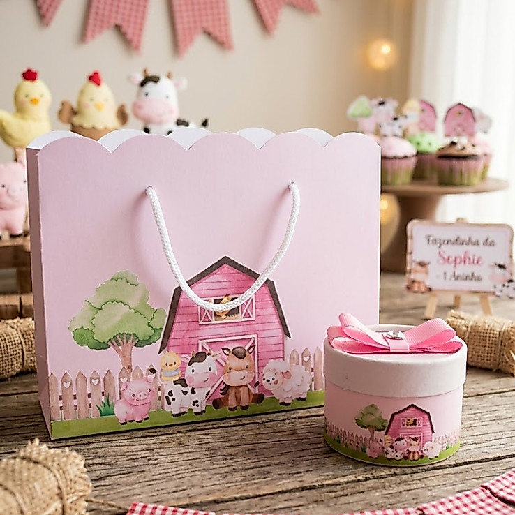 Kit Lembrancinhas Fazendinha Menina Rosa Personalizado | Sacolinha Pegue e Monte + Caixa Personalizada | Festa Infantil