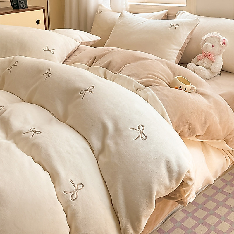 Inverno arco leite veludo conjunto de quatro peças engrossado quente Coral flanela colcha capa mais veludo princesa cama