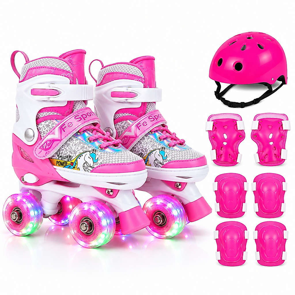 Patins Unicórnio Rosa Premium Ajustável Com Rodas Que Brilham – COM ou SEM Kit Segurança