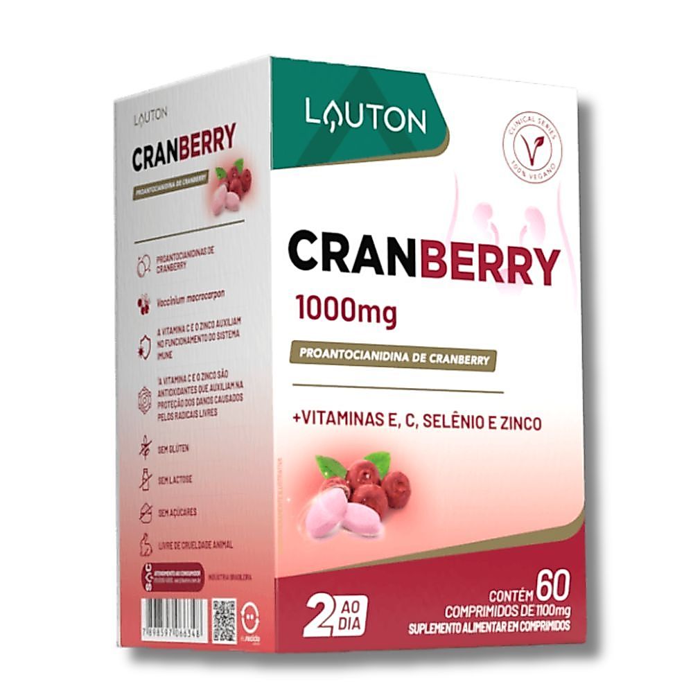 Cranberry 1000mg com Vitaminas E, C, Zinco e Selênio Vegano Premium Lauton - 60 comprimidos