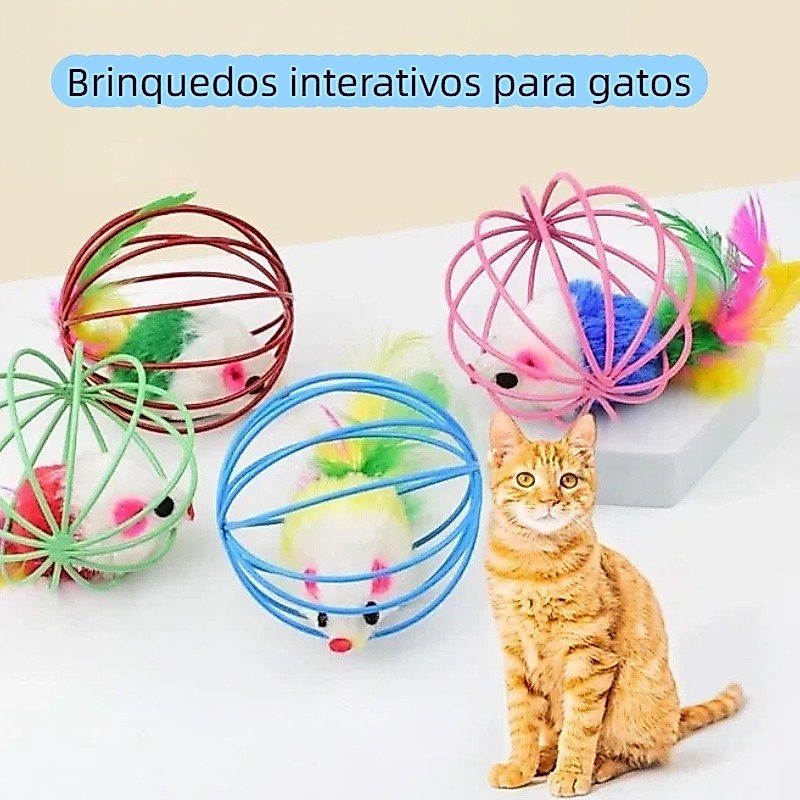 Brinquedo Para Gato Pet Gaiola RatInho Com Pena Bolinha Divertida e Colorido Interativo