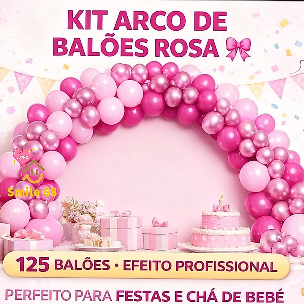 Kit 125 Balões Bexiga 8" Pink + 8" Rosa Claro + 5" Cromado Rosa Para Decoração