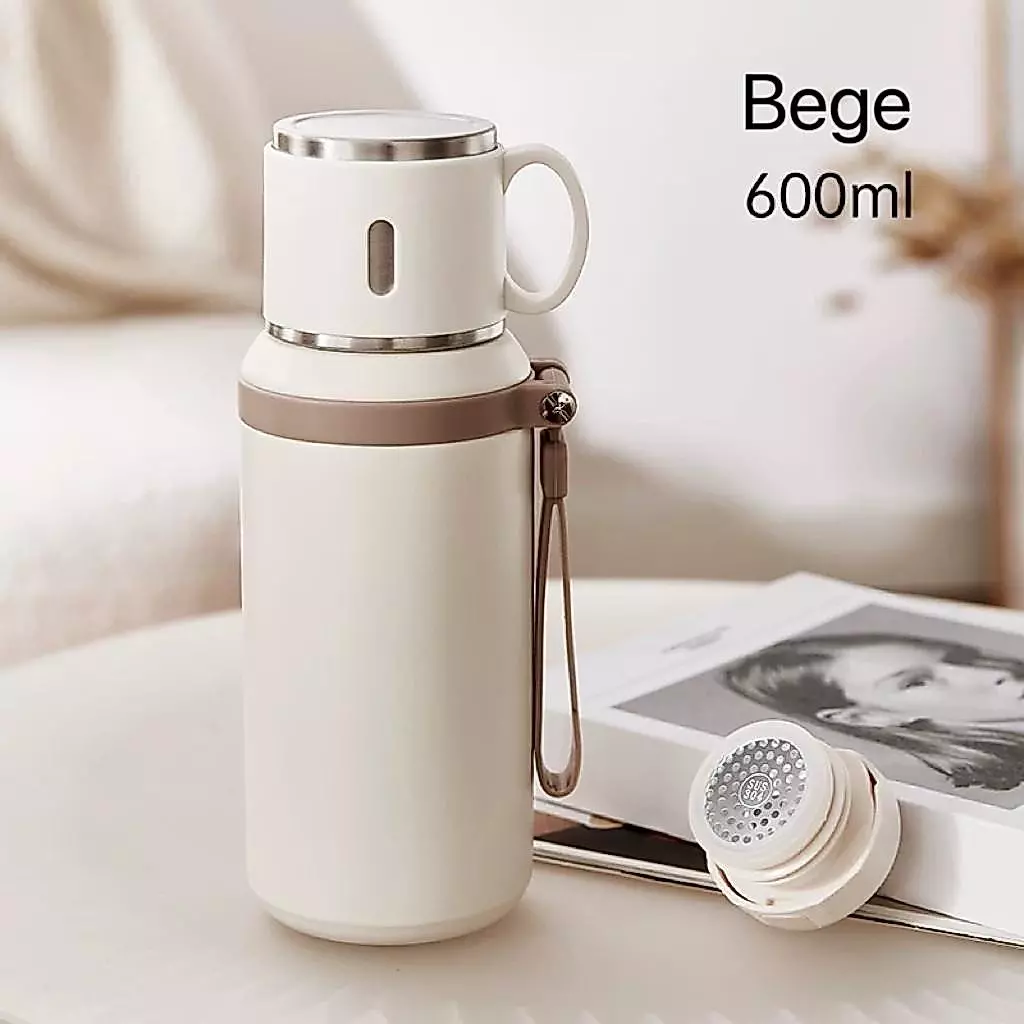 Garrafa Térmica Inox Portátil com Alça Copo para Bebidas Quentes e Frias