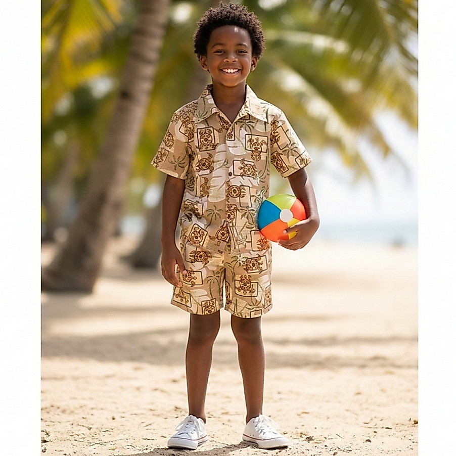 Conjunto Infantil Menino Estampas com Coqueiros 2 Peças de Criança Camisa de Botão e Short Bermuda Crepinho Masculino