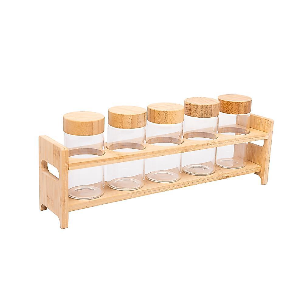 Jogo 5 Porta Temperos Vidro Borossilicato Tampa Bambu 120ml Wolff - Organizador com Suporte de Bancada · foto 2