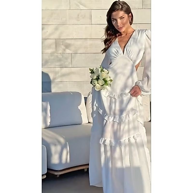 Vestido Longo Off White Feminino Elegante | Casamento Civil, Noivado, Pré Wedding, Batizado — imagem 2 de 2
