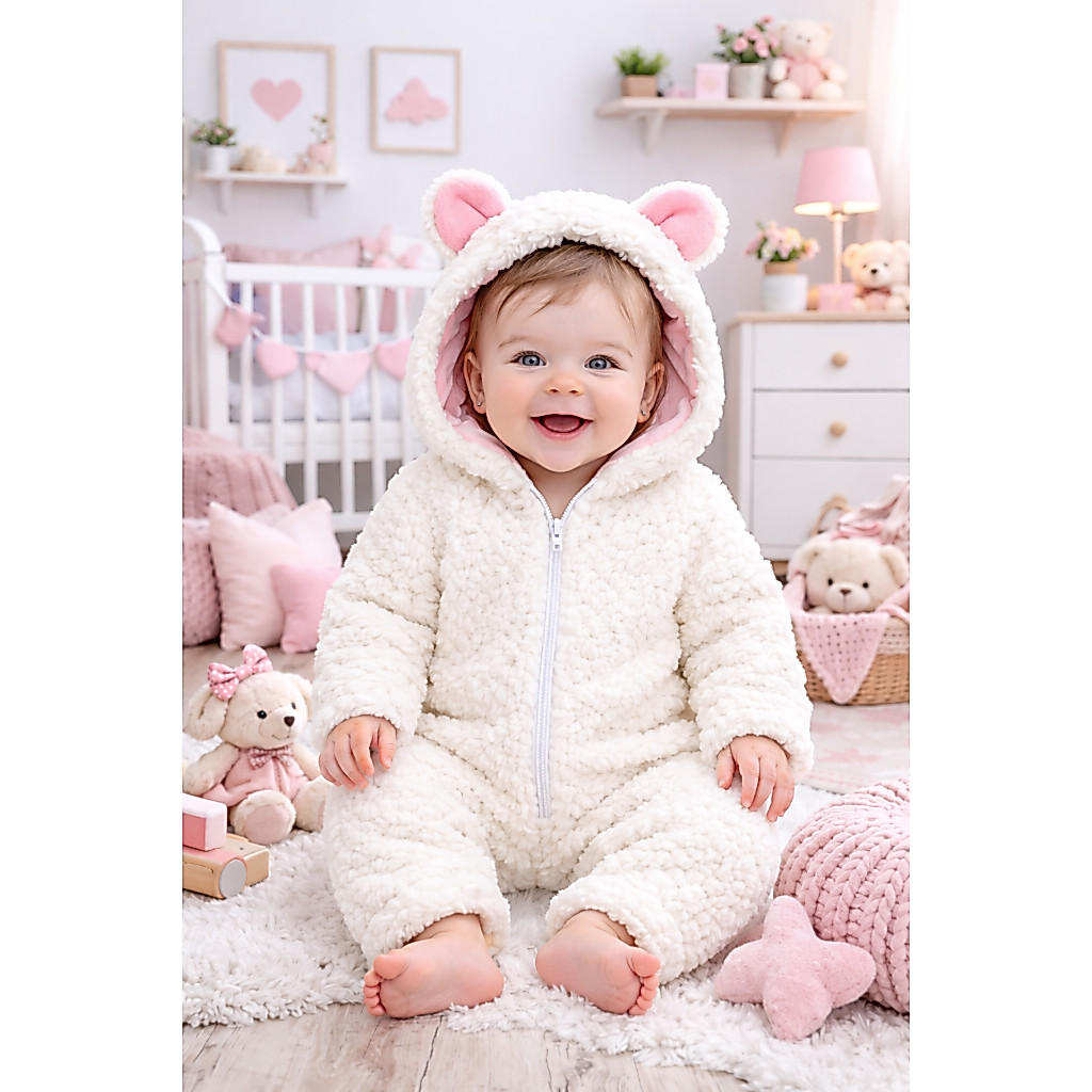Macacão Bebê Menino e Menina Ursinho Sherpa Pele de Carneiro Infantil Quentinho Soft