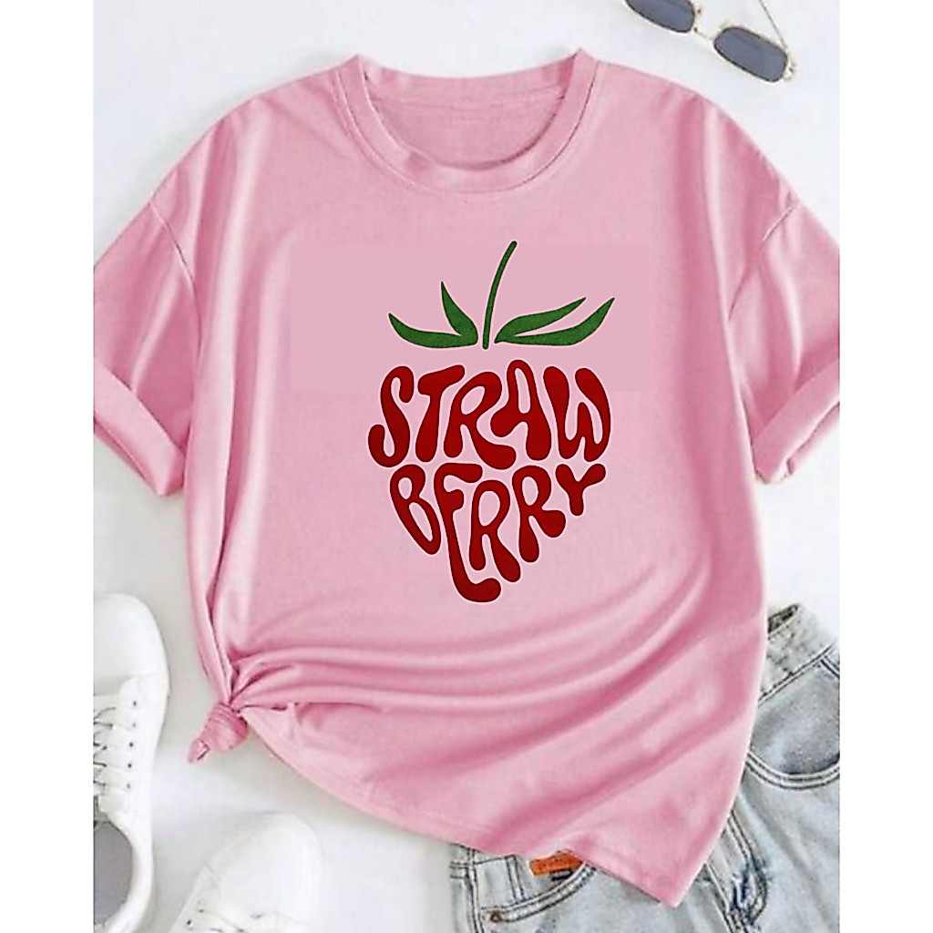 Camiseta Rosa Bebê Estampa Morango Strawberry Moda Feminina 100% Algodão Premium Casual Confortável