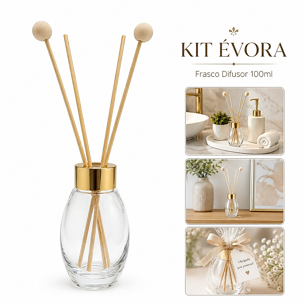 Kit Évora Difusor 100ml Vidro Tampa Dourada 4 Varetas Elegantes Lembrancinha Aniversário Lavabo