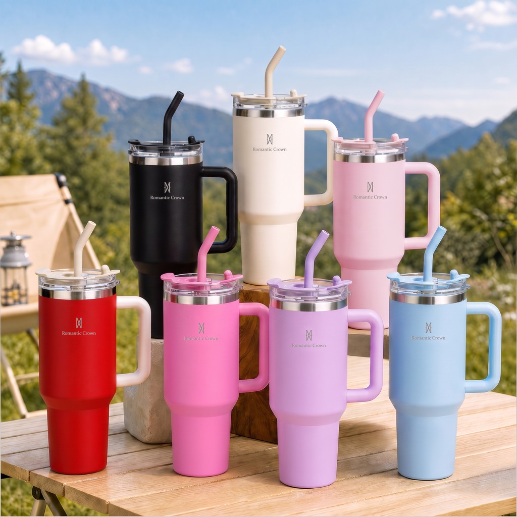 Imagem ROMANTIC CROWN Copo Térmico Portátil 1200ml/600ml com Tampa e Canudo Garrafa Térmica Inoxidável À prova de vazamentos
