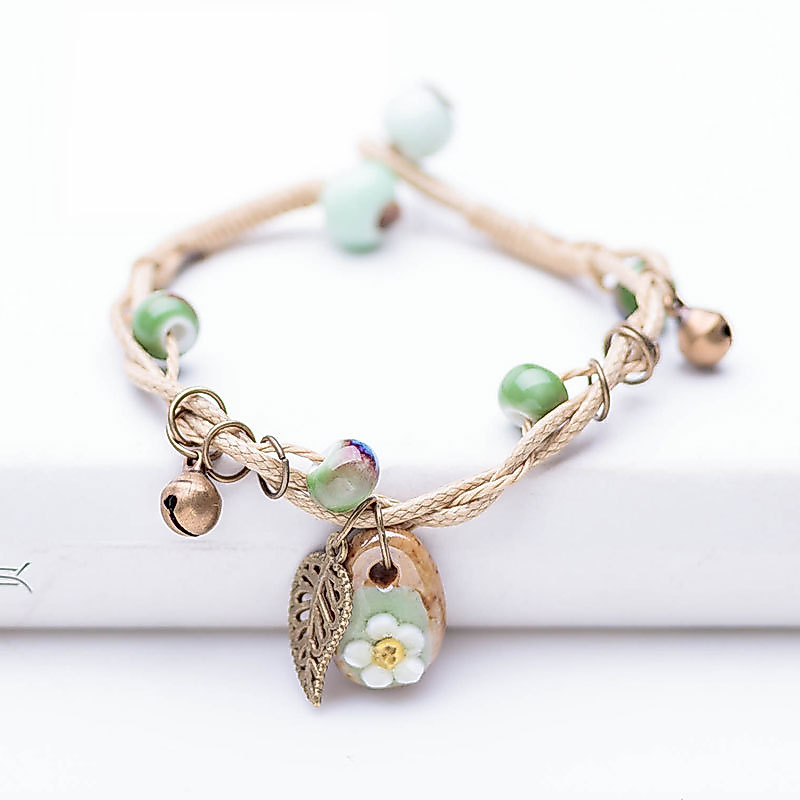 Mori estilo Retro cerâmica pedra flor trançada pulseira feminina doce estilo étnico All-Match pulseira cerâmica pitada f