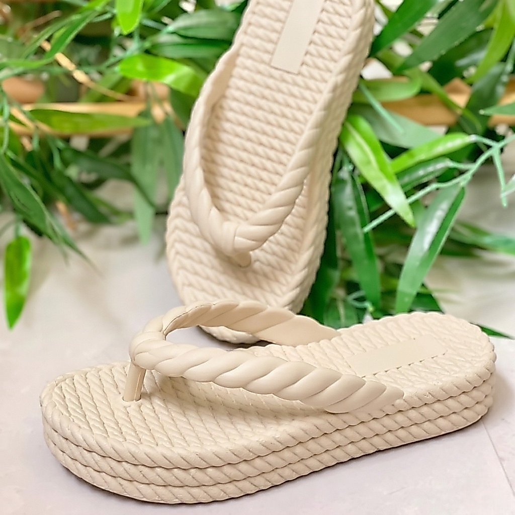Sandália Feminina Confortável Trança Chinelo Dedo Trançado Plataforma Macia Antiderrapante Bege
