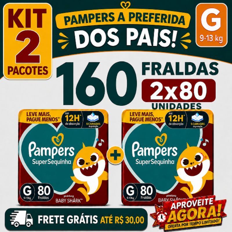 FRALDA PAMPERS TAM G - KIT 2 PACOTES COM 80 UNIDADES CADA - TOTAL 160 FRALDAS - BABY SHARK SUPERSEQUINHA