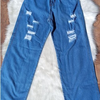 Calça Jeans Wide Leg Rasgada Feminina Pantalona Destroyed Cintura Alta 100% Algodão Jeans Premium