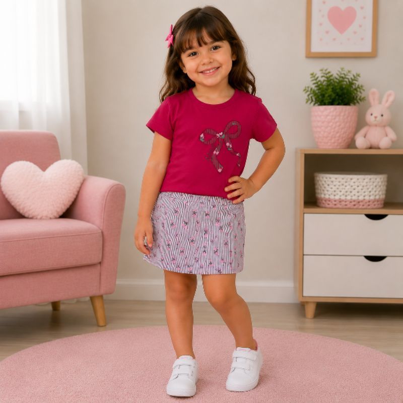 roupa Infantil Menina,conjunto infantil menina,camiseta em algodão com shorts saia,conjunto verão