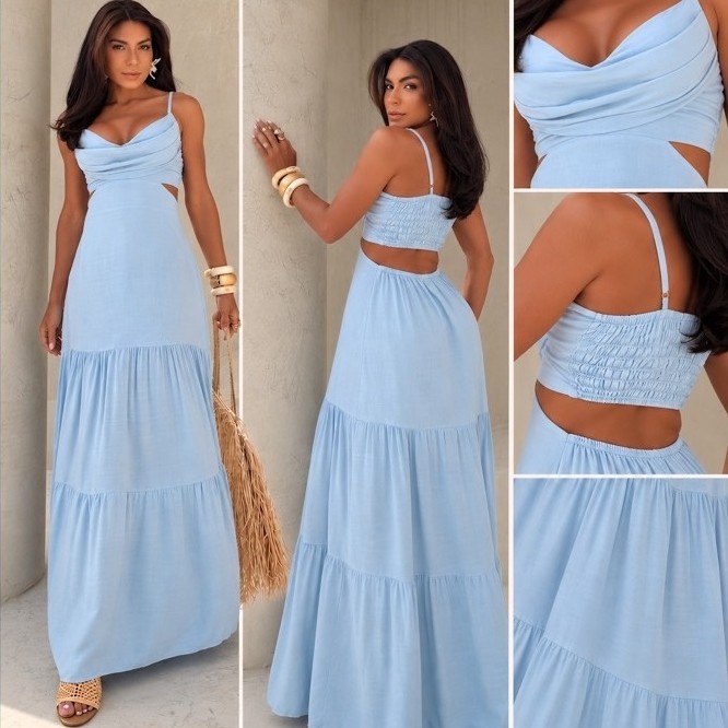 Vestido Longo Feminino Viscossarja Decote Drapeado Costas Abertas Alcinha Soltinho Elegante Verão