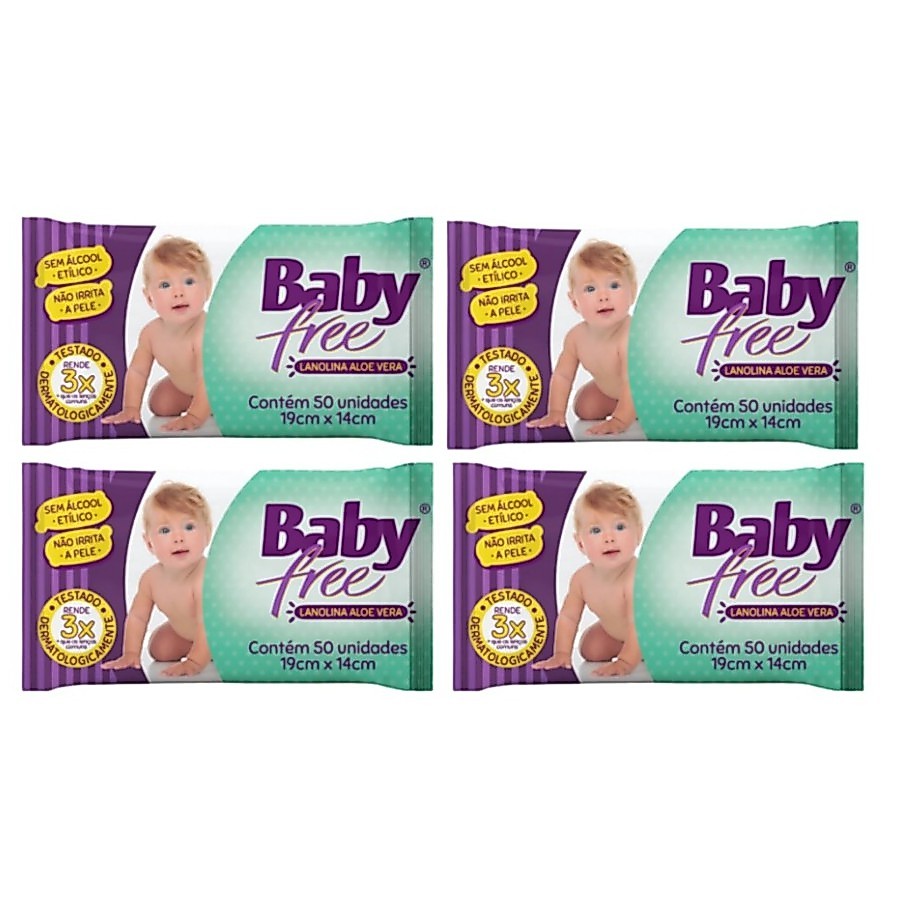 Kit com 4 Lenços Umedecidos Baby Free Toalha Umedecida Qualybless 4 Pacotes com 50 unidades