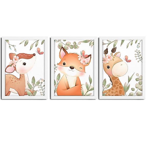 Kit 3 Quadros infantil Menina Savana aquarela 20x30 cada peça veado raposa girafa