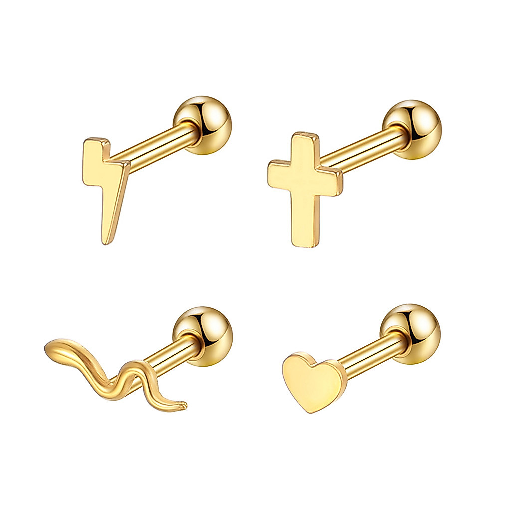 Kit Piercing Minibarbell em Aço Cirúrgico com Detalhe de Cobra e Revestimento PVD Helix, Flat, Conch, Tragus, Lóbulo e Outros