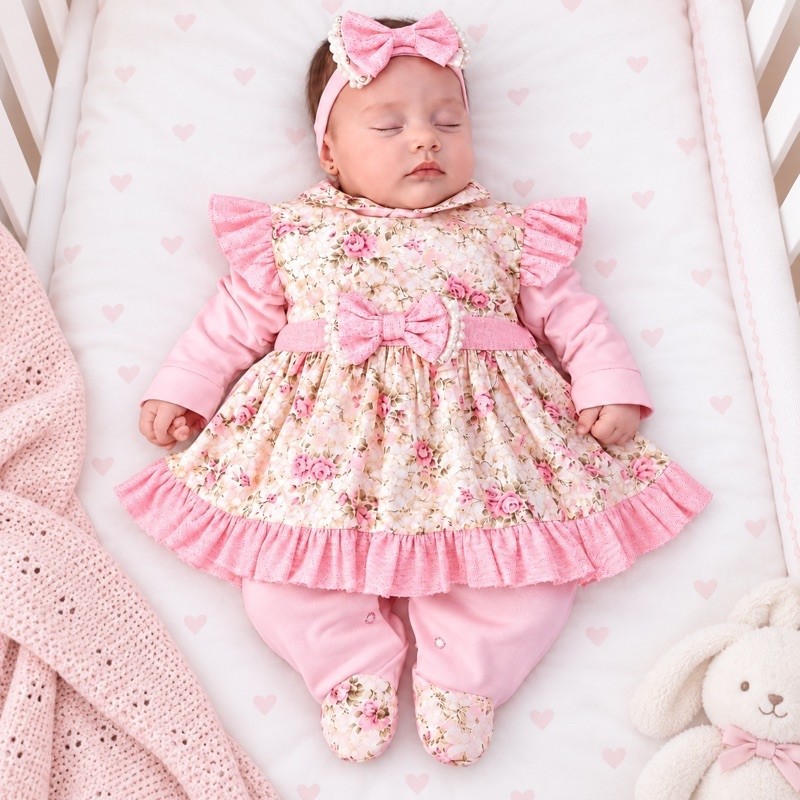 Saída Maternidade Menina Luxo 5 Peças Floral RN 100% Algodão – Macacão Vestido Faixa Manta e Luvas