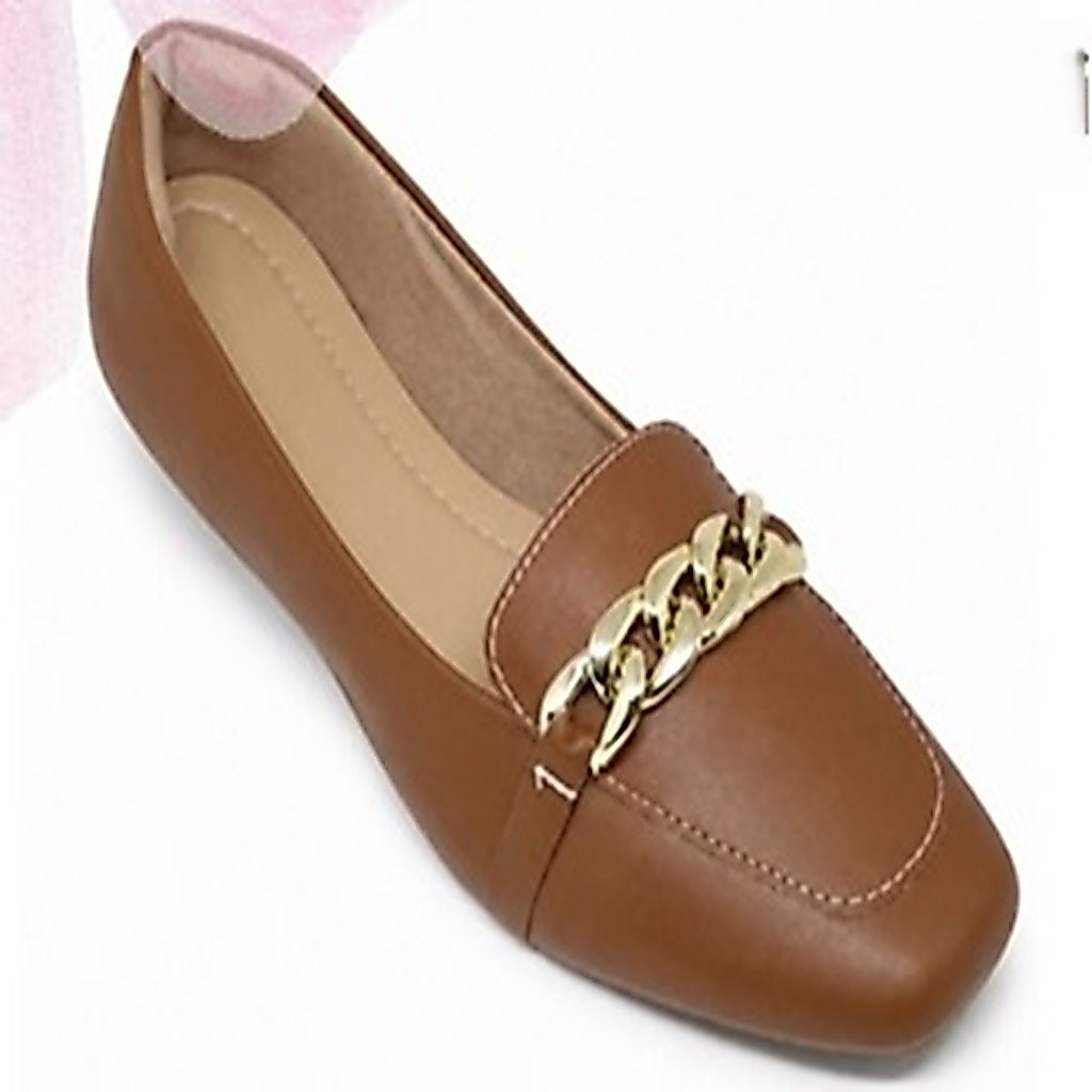 Sapatilha Feminina Confortável Luxo Elegante Sapato Feminino Mocassim Bico Quadrado Off White Corrente