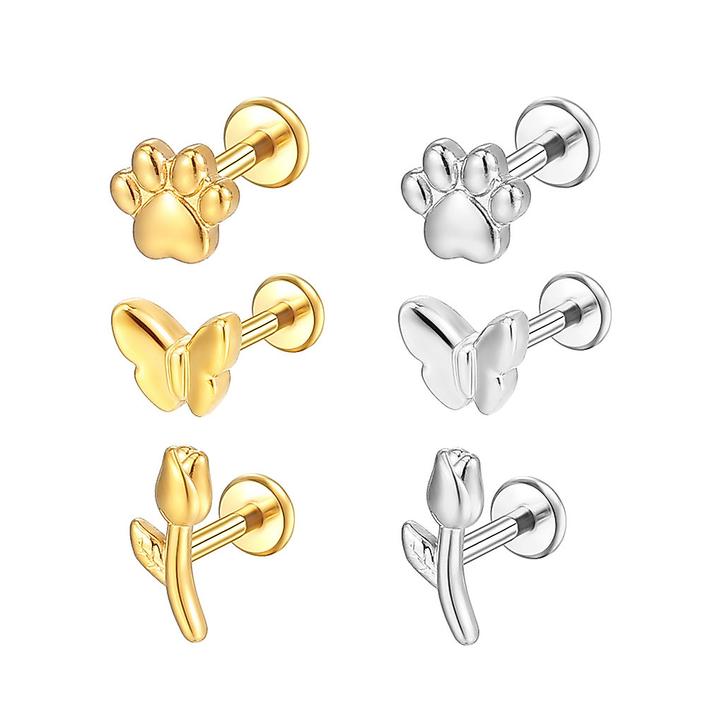 3PCS Kit Piercing Labret em Aço Cirúrgico com Detalhe de Rosa e Revestimento PVD