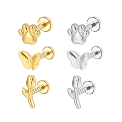 3PCS Kit Piercing Labret em Aço Cirúrgico com Detalhe de Rosa e Revestimento PVD