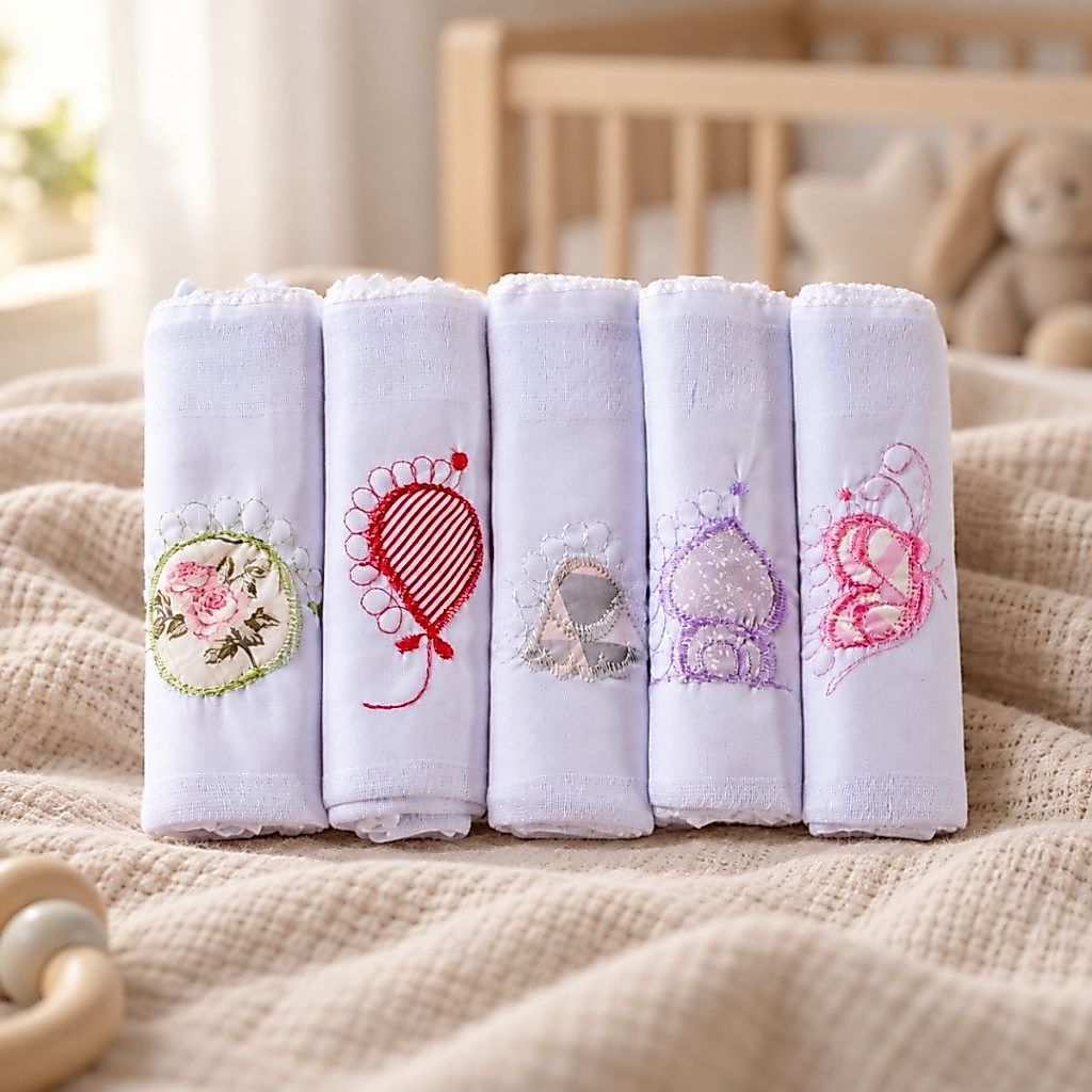 Kit 5 Peças Fralda de Pano Para Bebê Tecido 100% Algodão Bordadas 70x70cm Fraldinha Luxo Menino Menina Bainha Reforçada