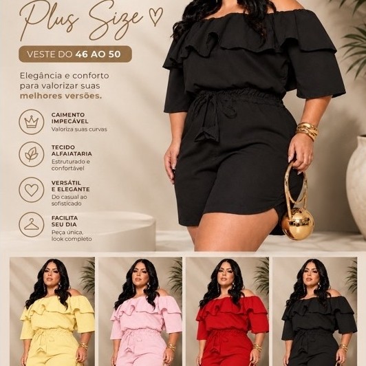 Macaquinho Feminino Plus Size Ciganinha Alfaiataria Tamanho único Veste 46 ao 50