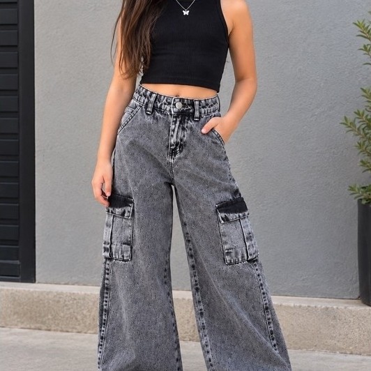 Calça Jeans Infantil Menina Wide Leg Cargo Pantalona Cinza ,marmorizado — imagem 2 de 2