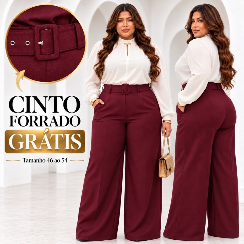 Calça PLUS SIZE com CINTO Pantalona Social Tecido Alfaiataria Cintura Alta Elegante Trabalho 48 50 52 54