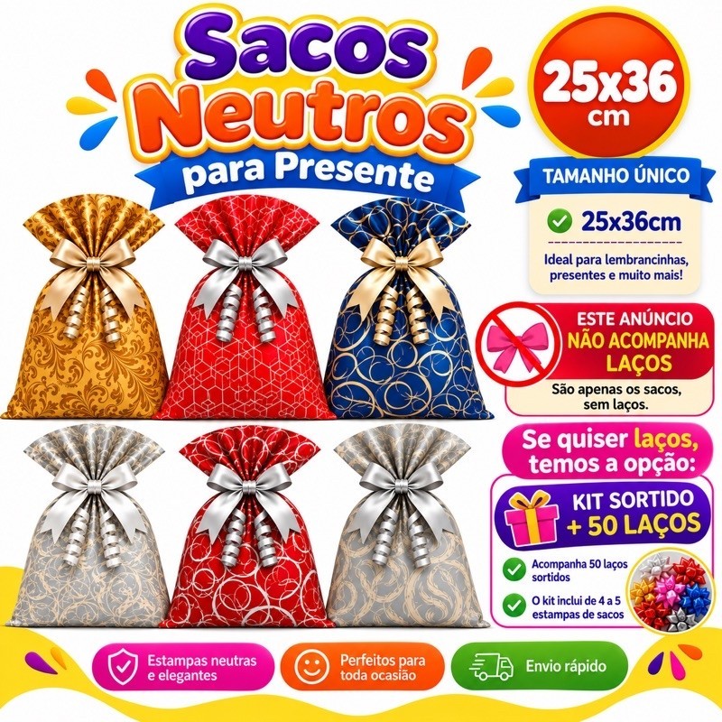 Kit 50 Sacos para Presente Estampados Neutros 25x36 Embalagem Premium Festa Elegante