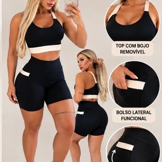 Conjunto Feminino Poliamida Premium Blackout Zero Transparência Amanteigado Ioga Academia Fitness Short Top com Bolso