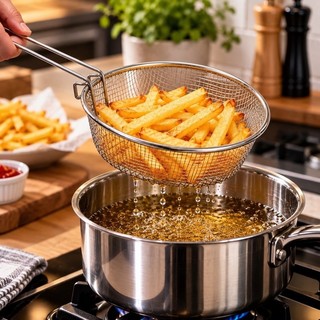 Cesto de Fritura Inox Escumadeira Espumadeira Grande para Batata Frita Sagados Pastel Alça Dobrável Removível Panela