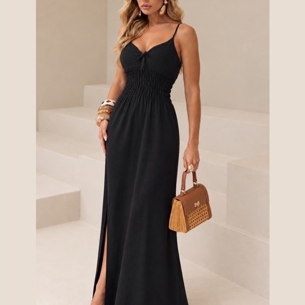 Vestido Longo Chique Com Bojo e Detalhe em Lastex Vestido Fluido Vestido Elegante