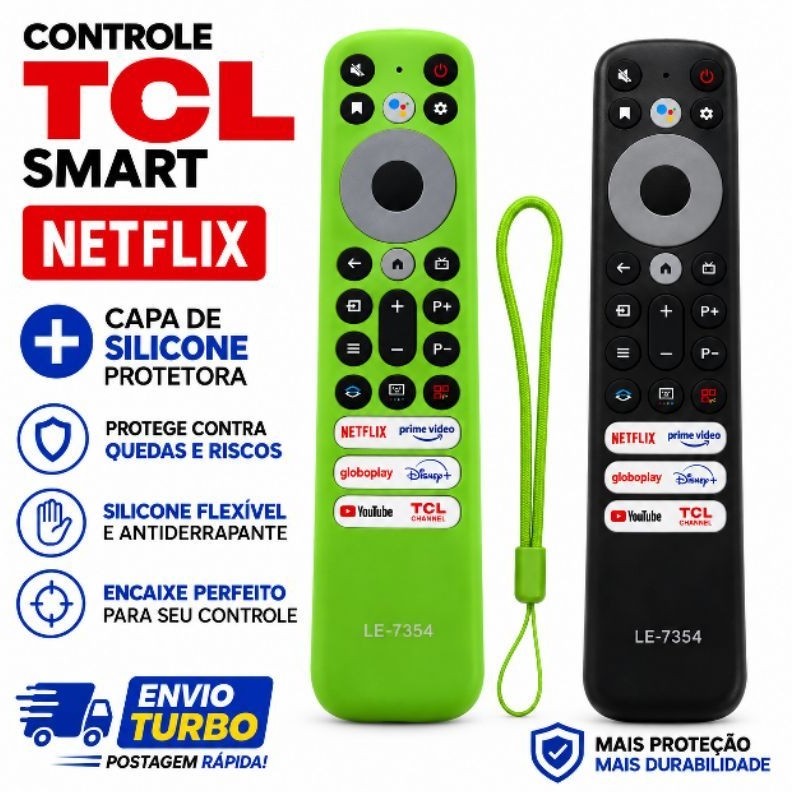 Controle Remoto TCL Smart TV Compatível + Capa de Silicone Verde LE-7354 Netflix Sem Comando de Voz