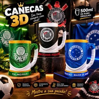 🏆 Caneca 3D Colecionável Premium - Corinthians, Palmeiras e Cruzeiro | Interior em Alumínio Térmico 🍺
