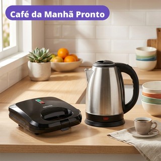 Kit Café da Manhã Chaleira Elétrica Inox 1,8L e Sanduicheira Grill 2 em 1 Antiaderente 127V Lanche