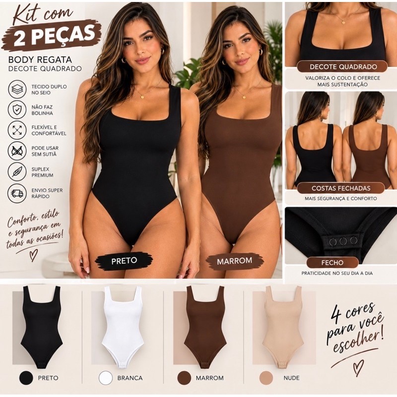 kIT 2 Body Decote Quadrado Suplex Premium Modelo Regata Feminino