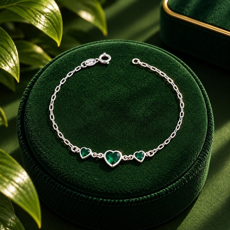 Pulseira Corações Verdes em Prata 925