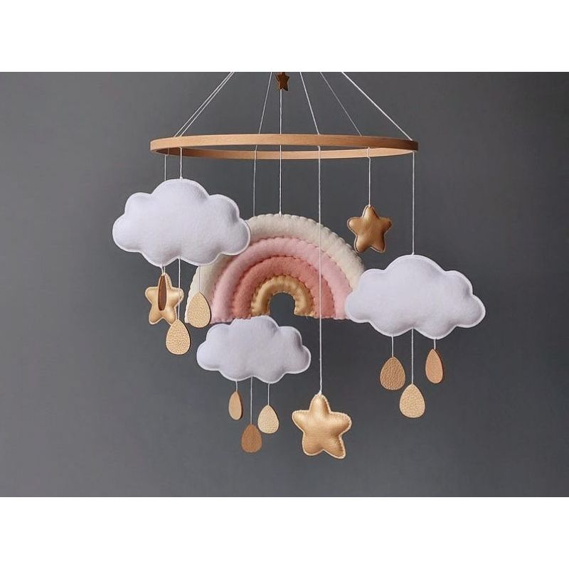 Móbile Berço Enfeite Quarto Bebê Minimalista Decorativo Presente Chá De Bebê Arco-Íris Mágico Nuvens Gotas Douradas