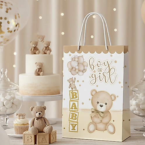 Sacolinha (M) | Sacola Chá Revelação Ursinho Dourado Bege Personalizada | Lembrancinha de Aniversário | PEGUE E MONTE